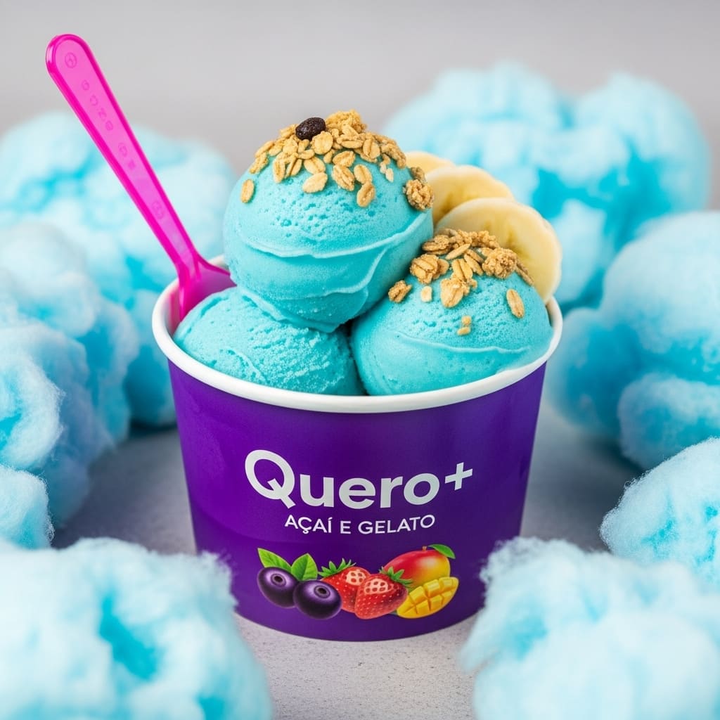 Pote com creme de algodão doce, servido na Quero Mais Açaí em Taguatinga.